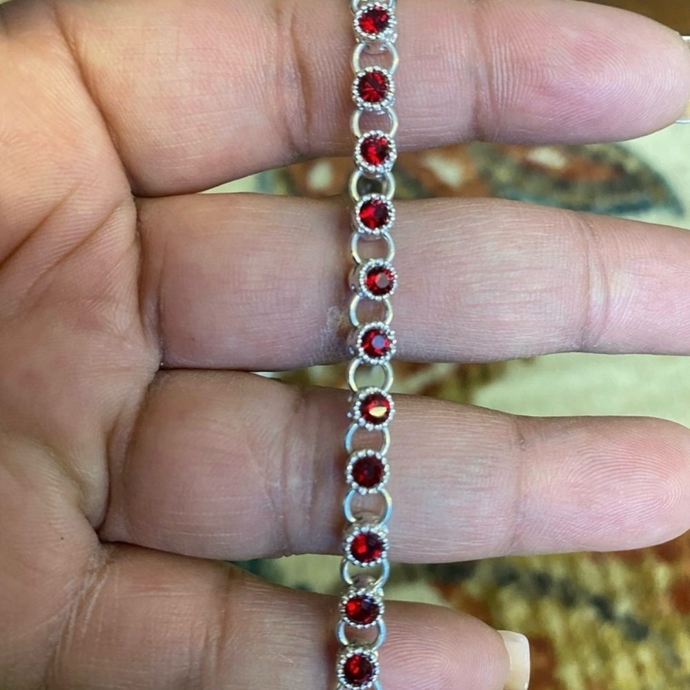 Silver Tennis Bracelet with Red Gemstones